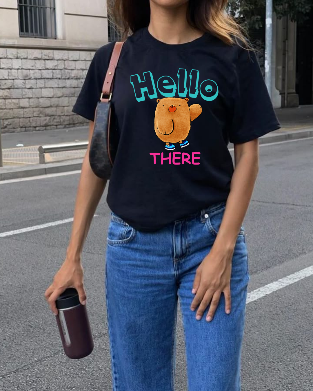 cute Print Women Black Regular Tshirt