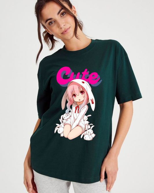 Cute Anime green regular Tshirt Women