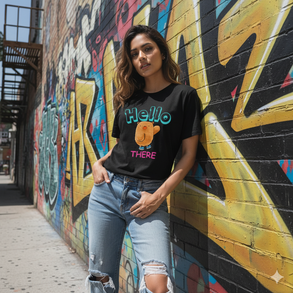 cute Print Women Black Regular Tshirt